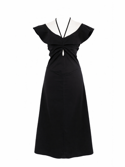 Rochie harera A line, midi cu decupaje și volane, neagră H26R003