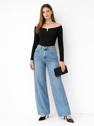 Top Harera cu umeri goi si decupaj in V, negru H25B002