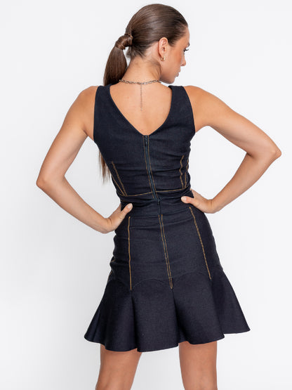 Set 2 piese Harera: Fustă evazată și crop top bustieră, denim bleomarin H25ST004